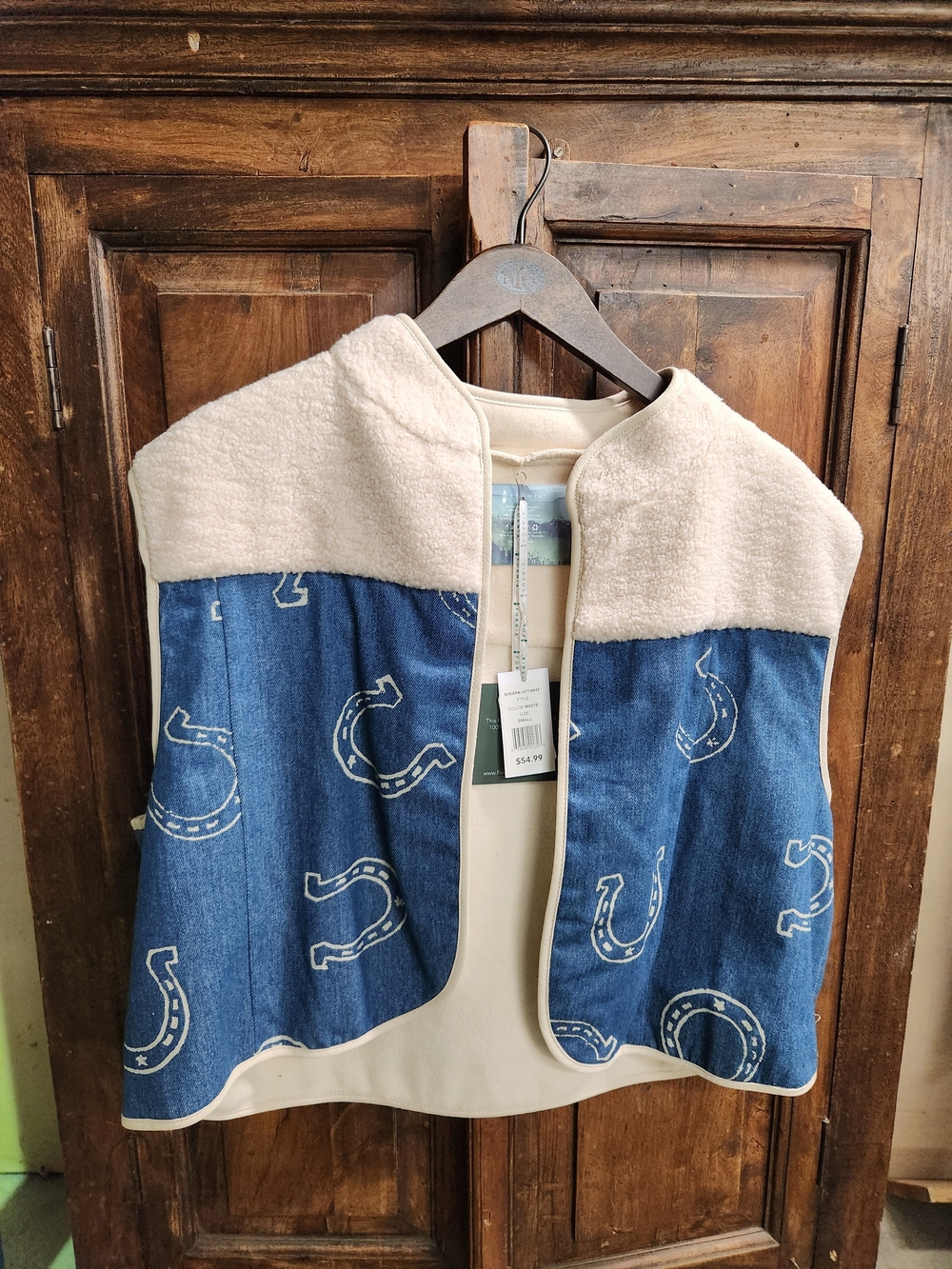Women’s Blue Denim & Cream Sherpa Vest - Western Horseshoe Print